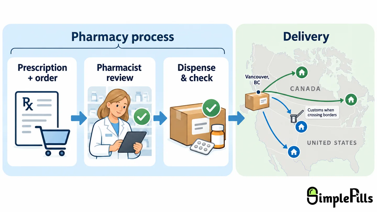 Four-step process showing prescription and order, pharmacist review, dispensing and checking, then delivery routes from western Canada to destinations in Canada and the United States.
