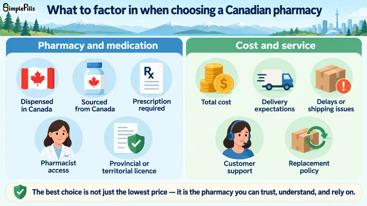 Decision flow showing how to choose a Canadian pharmacy: confirm the medication is dispensed in Canada and sourced through the Canadian supply chain, confirm a valid prescription is required, confirm a pharmacist is reachable, and verify the provincial or territorial licence.