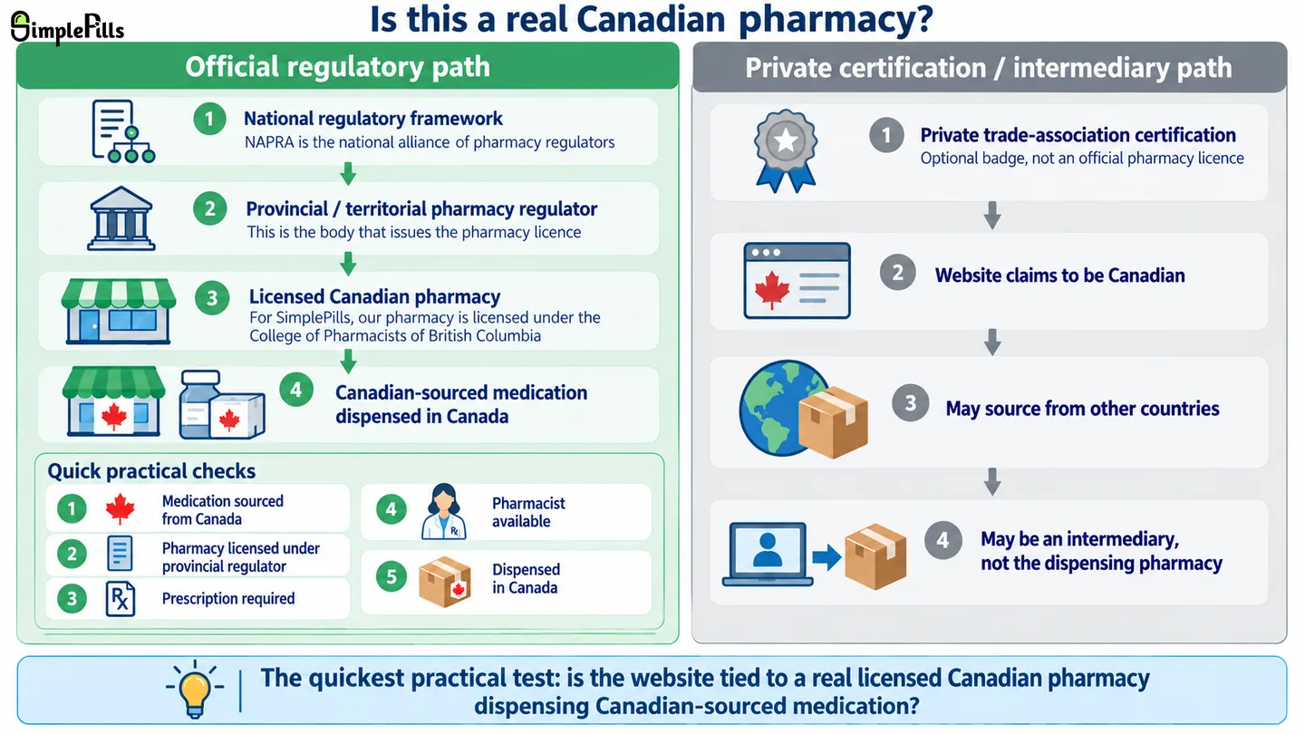 Side-by-side comparison showing the provincial or territorial pharmacy licence as the official credential that authorizes dispensing, versus private trade-association certification badges which are optional and do not carry the same weight.