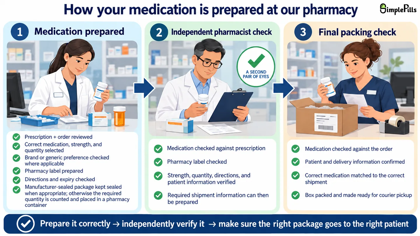 Three-stage pharmacy workflow showing a first pharmacist preparing the medication, a second pharmacist independently verifying it, and a final packing check confirming the medication, order, and shipping information before courier pickup.