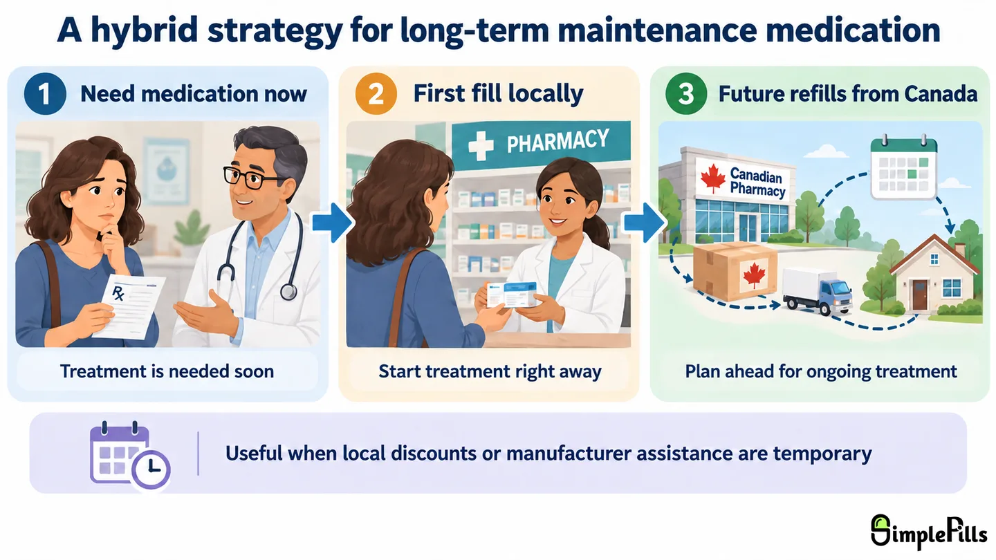 Two-track illustration showing local pharmacy fill for immediate start of treatment alongside parallel international ordering from Canada for ongoing, longer-term supply.