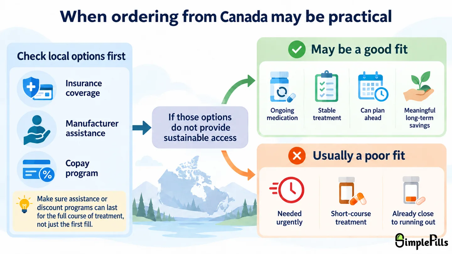 Decision guide showing local options first, followed by situations where ordering from Canada may be practical for stable ongoing medication and situations where it is usually a poor fit.