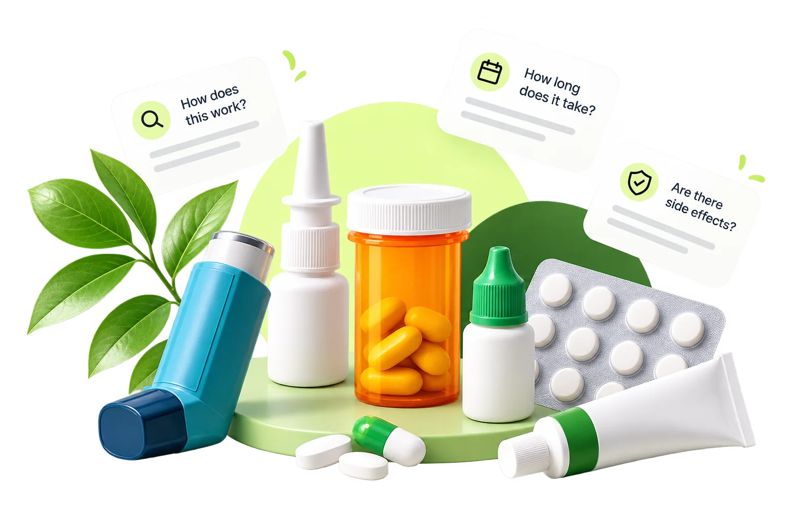Medication forms alongside questions about how treatment works, how long it takes, and possible side effects.